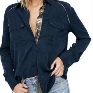 Free People Midnight Blue Shirt with Metallic Details in size Large
